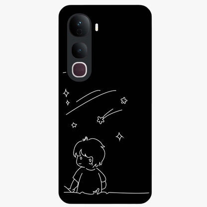 Line Art Boy With Shooting Stars Glass Case showing flat back view with minimal line art boy and shooting stars illustration and glossy glass finish.
