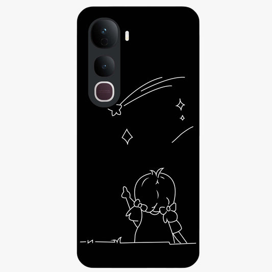 Line Art Girl With Shooting Stars Glass Case showing flat back view with minimal line art girl and shooting stars illustration and glossy glass finish.