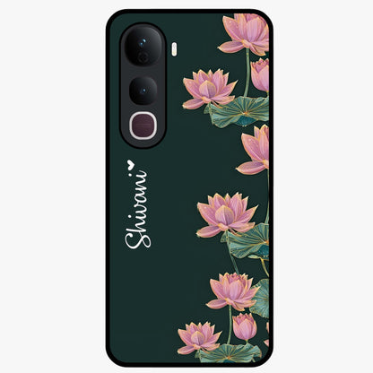 Lotus Bloom Serenity Custom Name Glass Case showing flat back view with elegant lotus flower artwork and personalized name design.