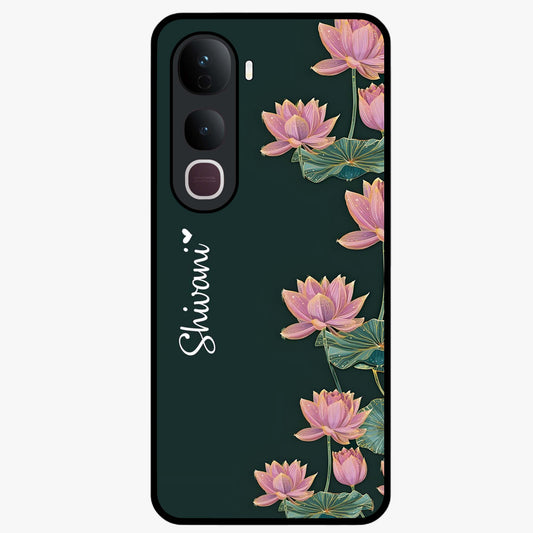 Lotus Bloom Serenity Custom Name Glass Case showing flat back view with elegant lotus flower artwork and personalized name design.