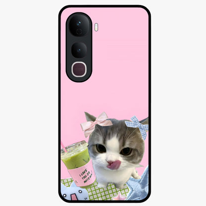 Love Matcha Cat Glass Case showing flat back view with cute cat and matcha themed artwork and glossy glass finish.