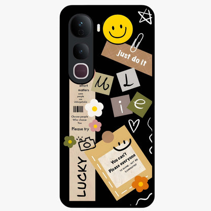 Lucky Aesthetic Collage Glass Case showing flat back view with trendy aesthetic collage artwork and glossy glass finish.