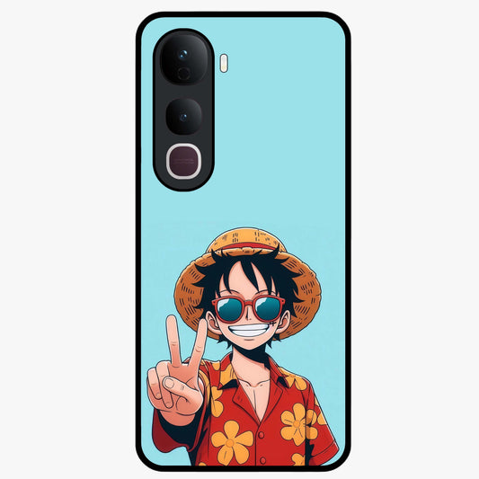 Luffy Summer Anime Vibe Glass Case showing flat back view with vibrant anime character artwork and glossy glass finish.