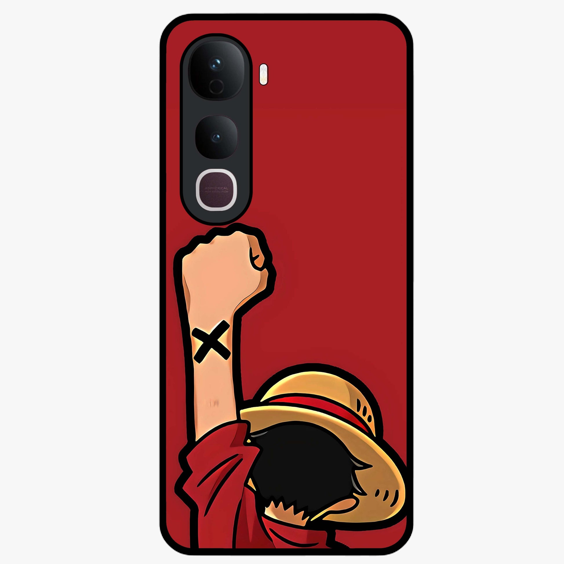 Luffy X Spirit Glass Case showing flat back view with bold anime character artwork and glossy glass finish.