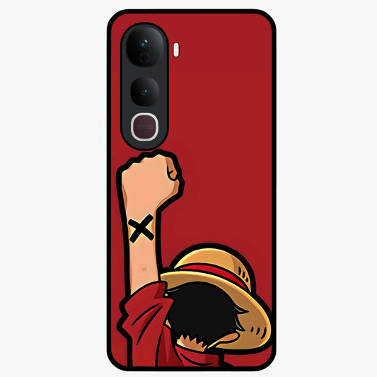 Luffy X Spirit Glass Case showing flat back view with bold anime character artwork and glossy glass finish.