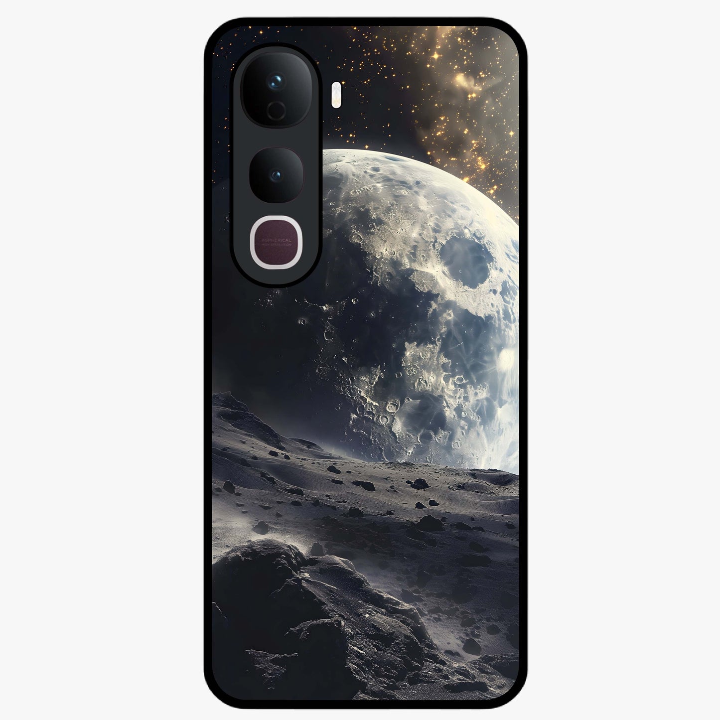 Lunar Horizon Glow Glass Case showing flat back view with glowing moon horizon artwork and glossy glass finish.