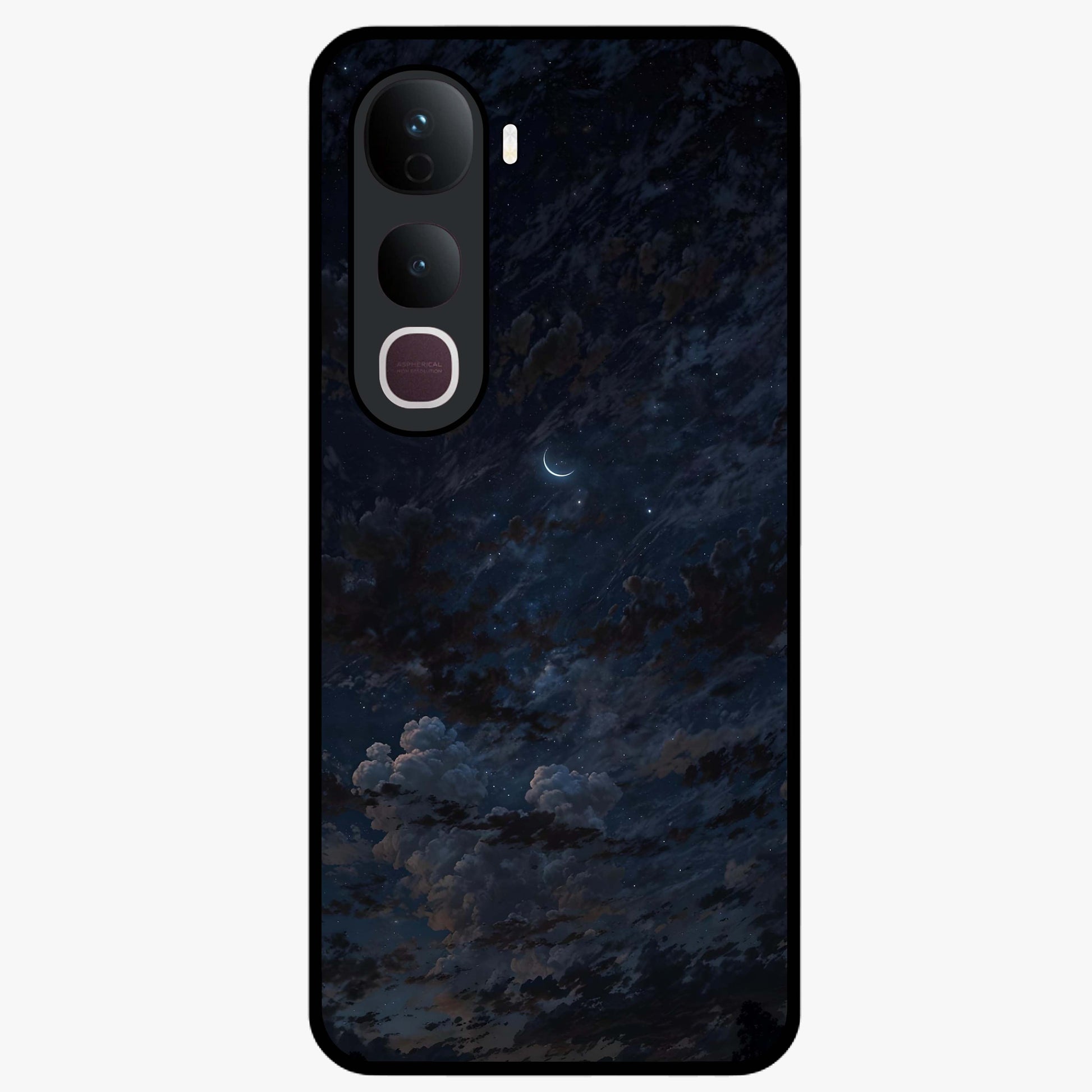 Lunar Veil Silence Glass Case showing flat back view with mystical moon veil artwork and glossy glass finish.