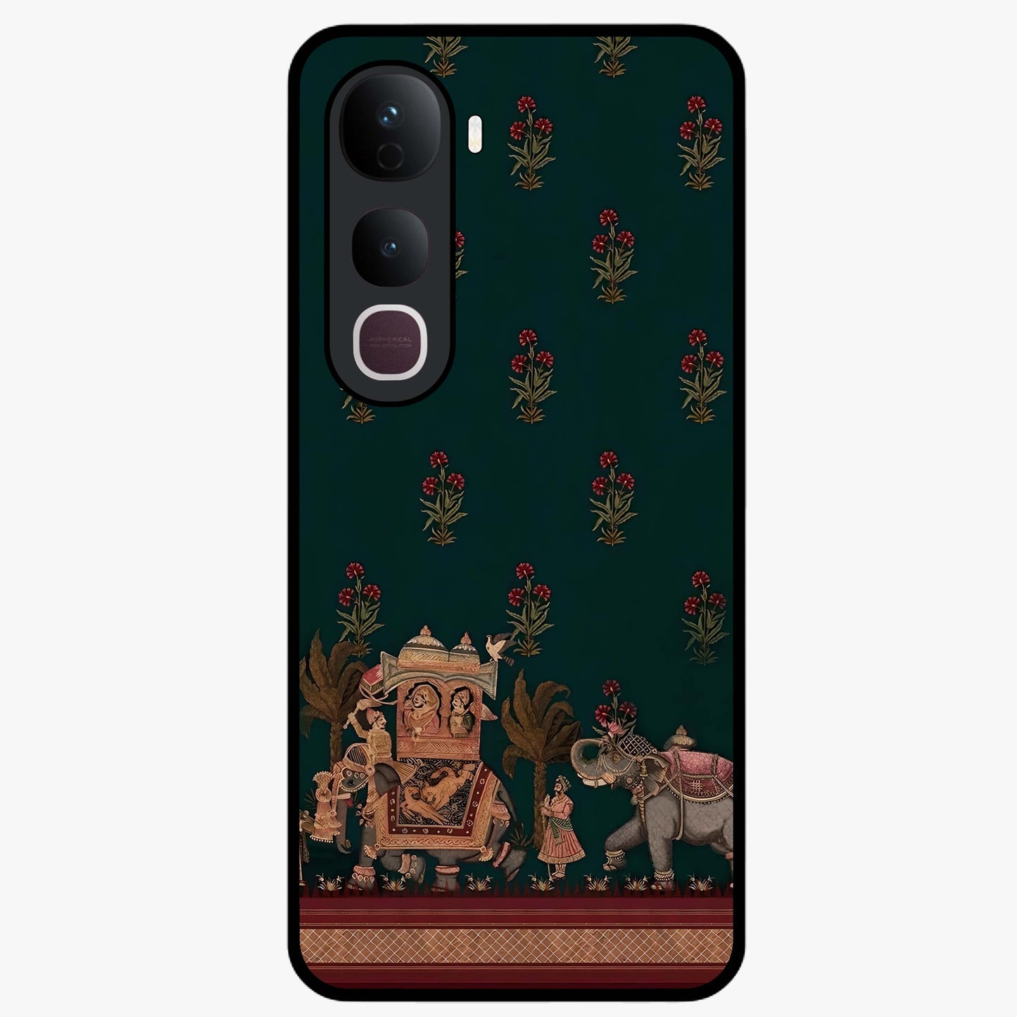 Macmerise Glass Case showing flat back view with stylish modern artwork and glossy glass finish.