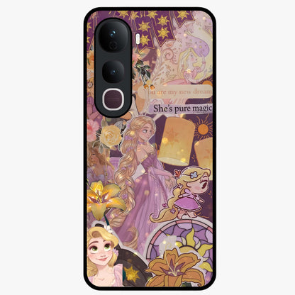 Magical Tangled Dream Glass Case showing flat back view with dreamy tangled artwork and glossy glass finish.