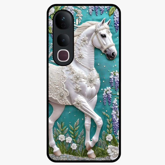 Majestic Floral Stallion Glass Case showing flat back view with powerful horse and floral artwork and glossy glass finish.