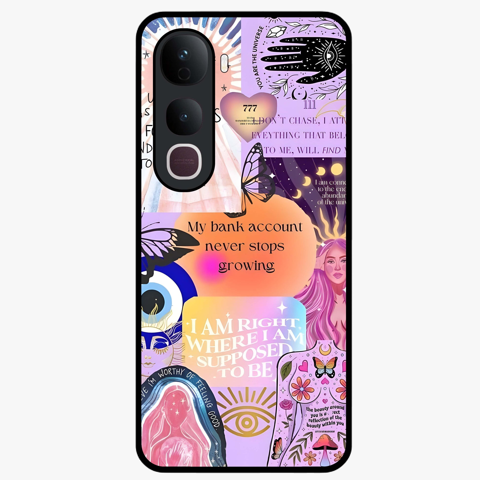 Manifestation Collage Glass Case showing flat back view with motivational collage artwork and glossy glass finish.