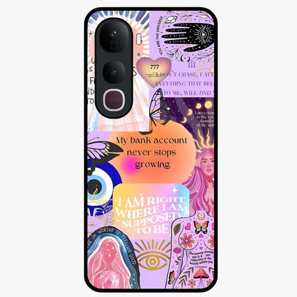 Manifestation Collage Glass Case showing flat back view with motivational collage artwork and glossy glass finish.