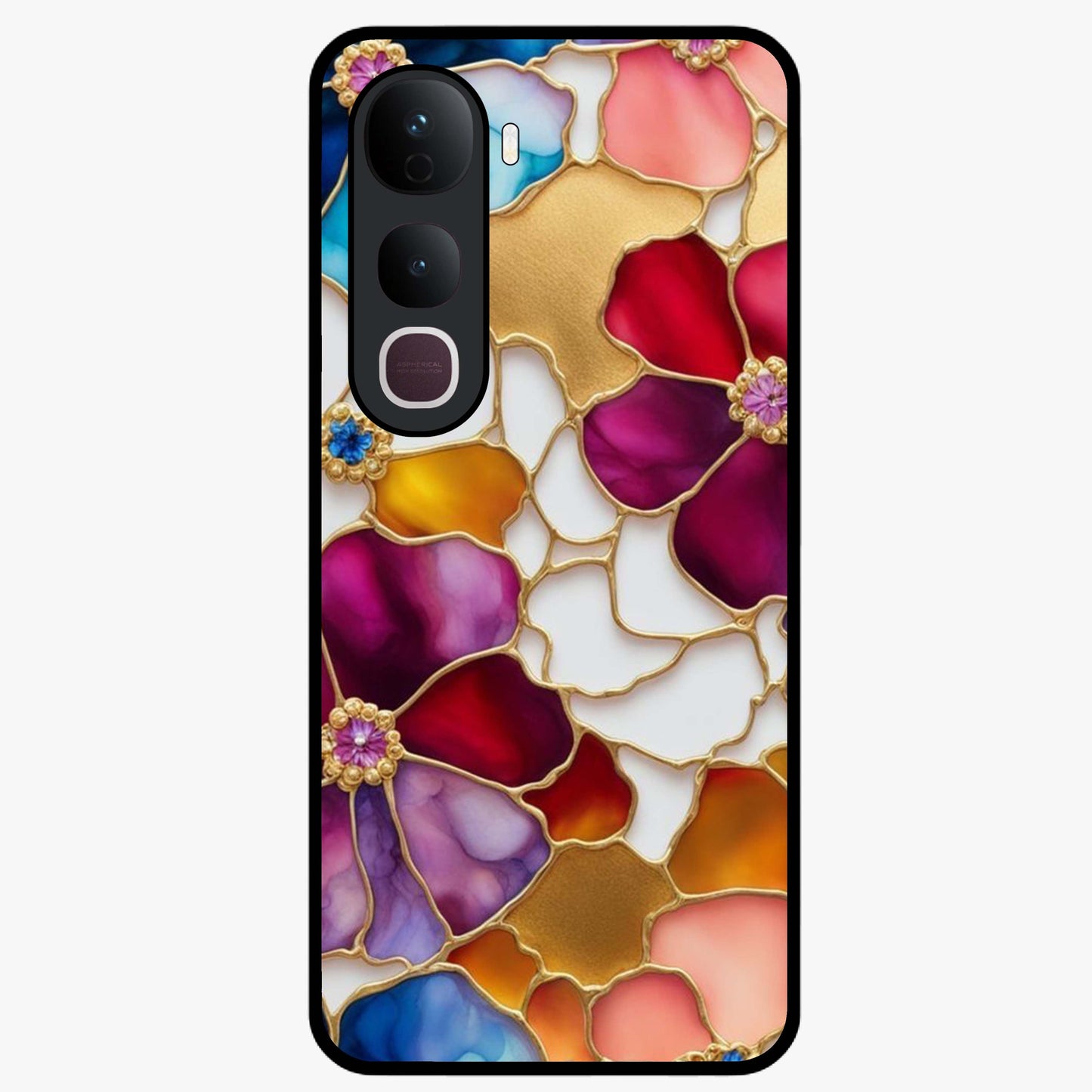 Marble Flower Pattern Glass Case showing flat back view with marble texture floral artwork and glossy glass finish.