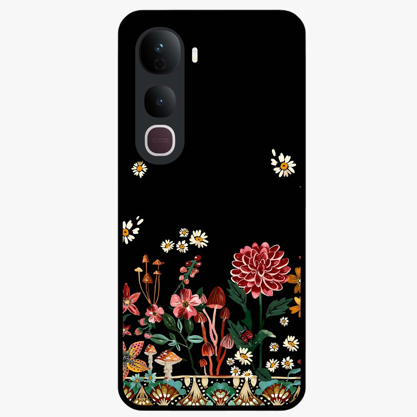 Midnight Bloom Pattern Glass Case showing flat back view with dark floral pattern artwork and glossy glass finish.