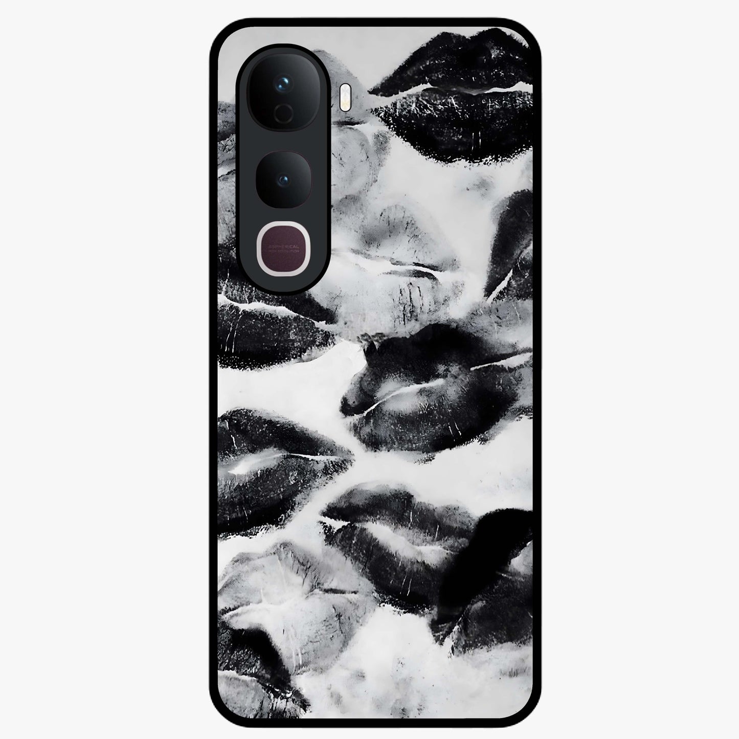 Midnight Kiss Marks Glass Case showing flat back view with lipstick kiss mark artwork and glossy glass finish.