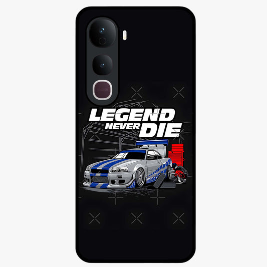 Midnight Racing Legacy Glass Case showing flat back view with sleek racing inspired artwork and glossy glass finish.