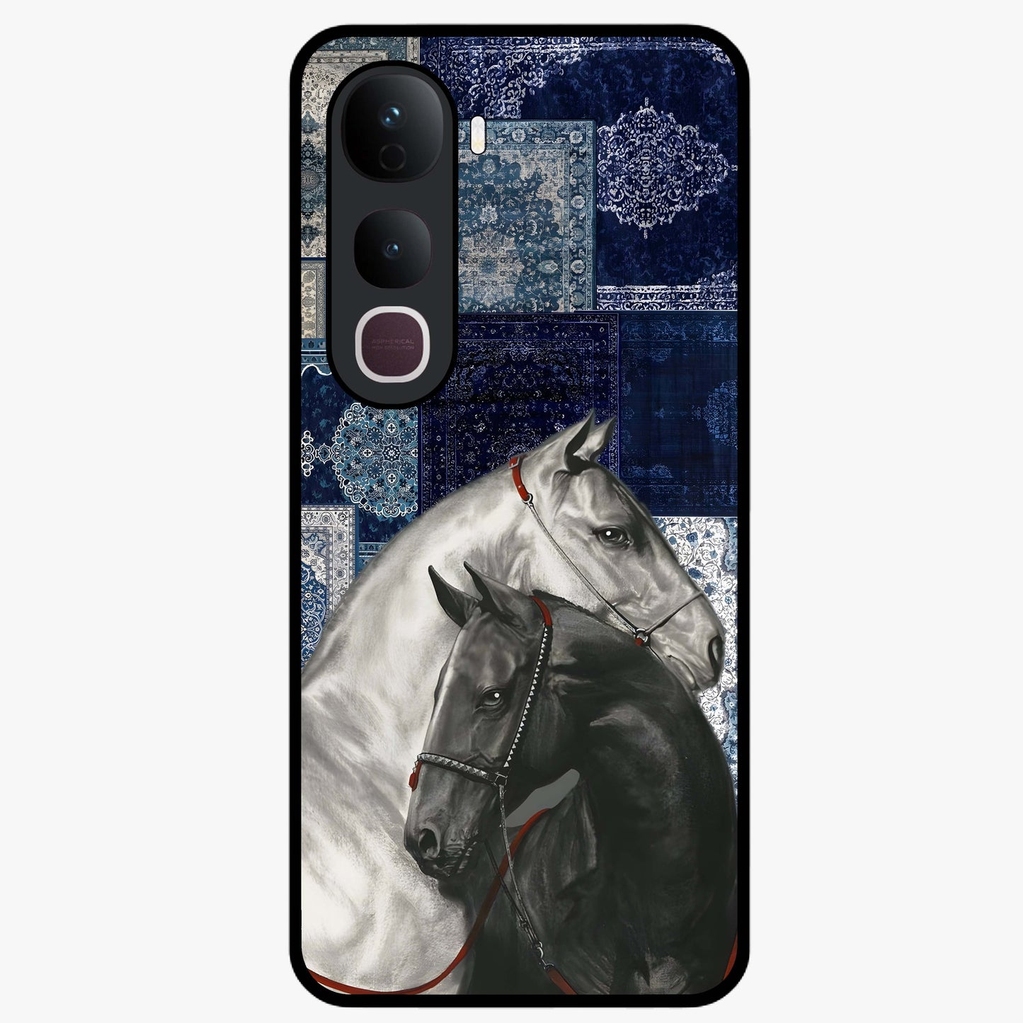Midnight Stallion Blues Glass Case showing flat back view with majestic horse artwork and glossy glass finish.