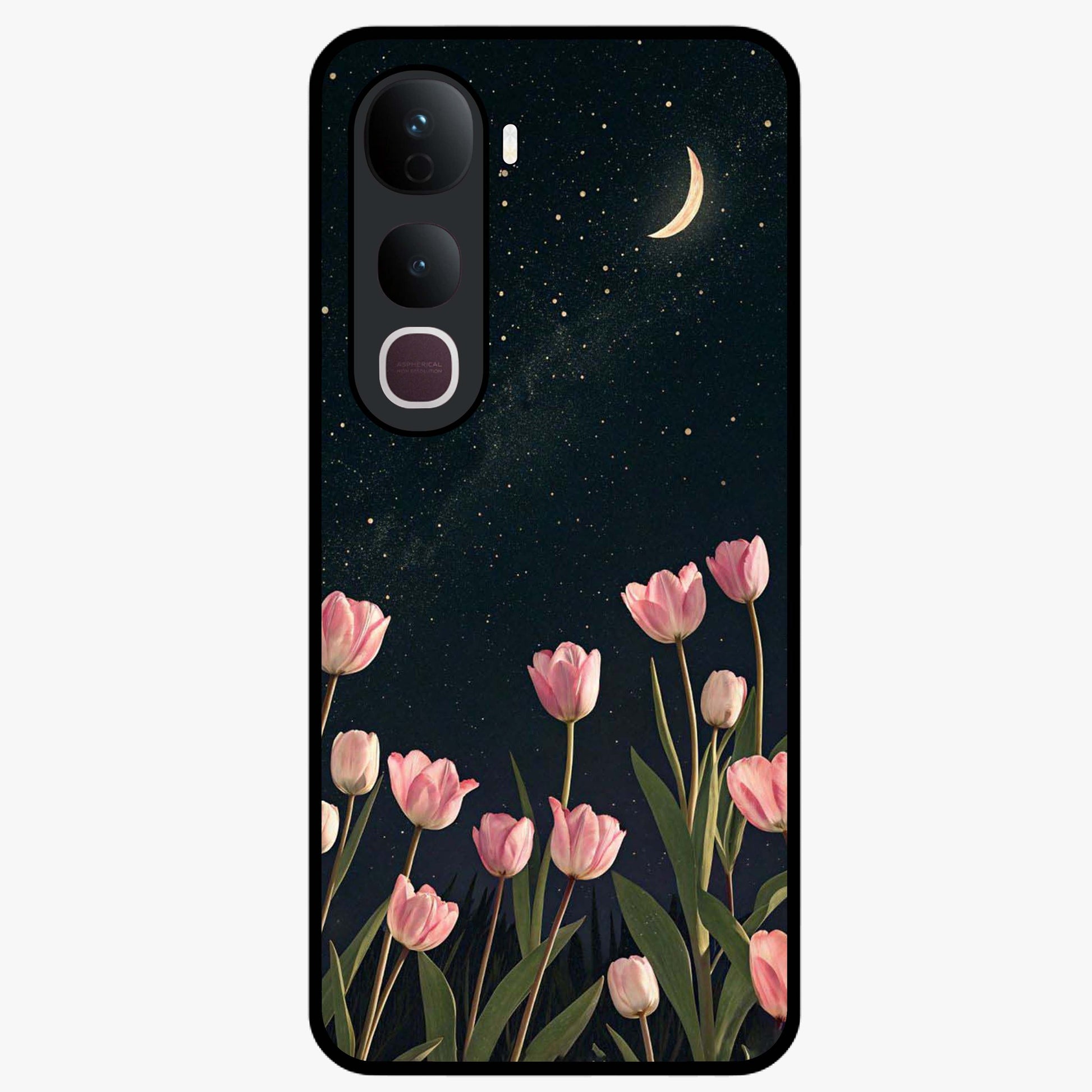 Midnight Tulip Whispers Vibe Glass Case showing flat back view with elegant tulip flower artwork and glossy glass finish.