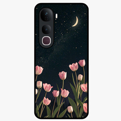 Midnight Tulip Whispers Vibe Glass Case showing flat back view with elegant tulip flower artwork and glossy glass finish.