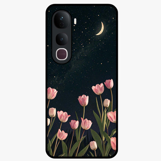 Midnight Tulip Whispers Vibe Glass Case showing flat back view with elegant tulip flower artwork and glossy glass finish.