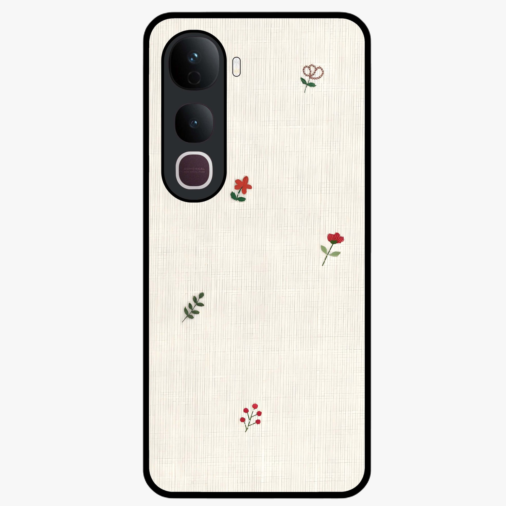 Minimal Petal Whispers Glass Case showing flat back view with soft minimal floral artwork and glossy glass finish.