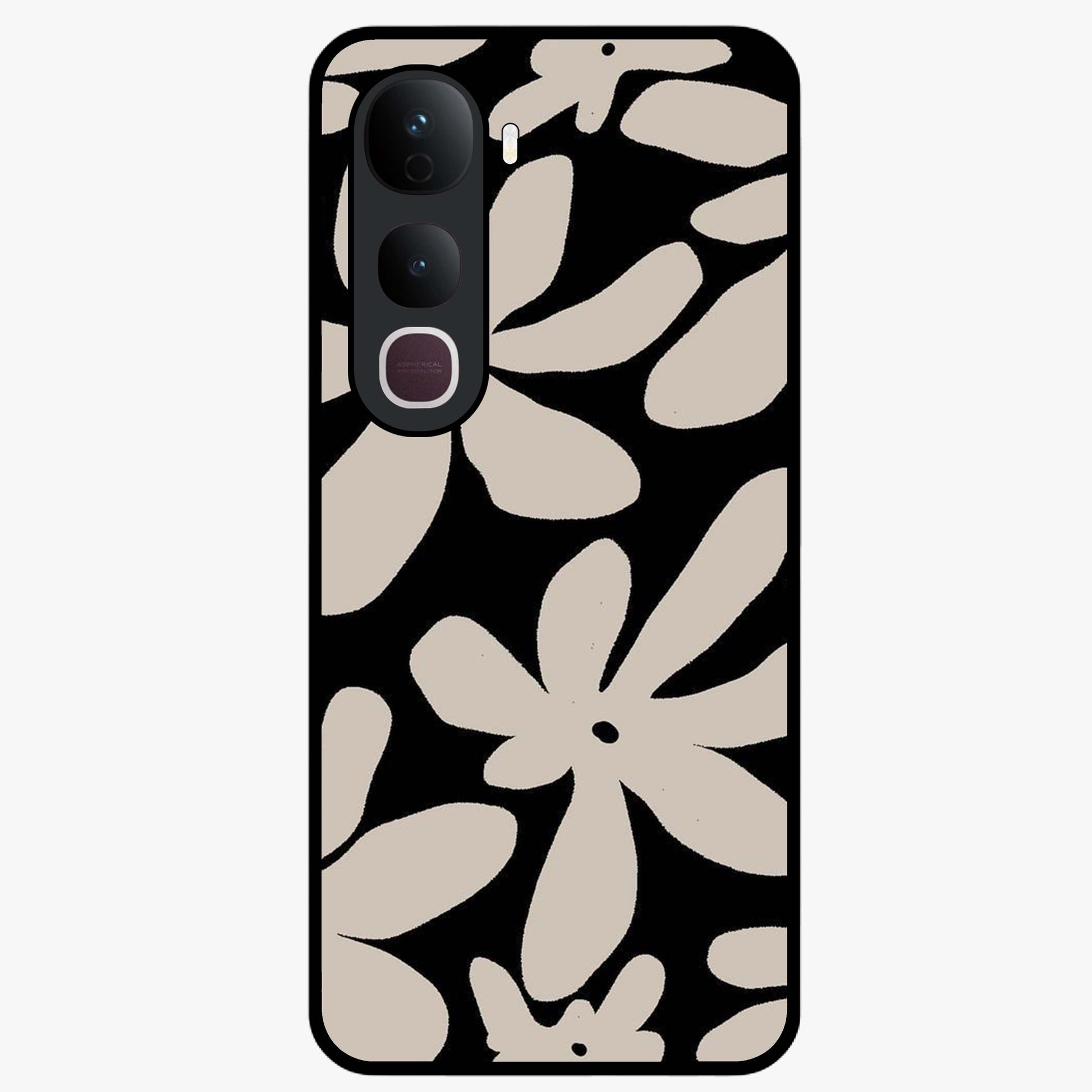 Monochrome Petal Dance Glass Case showing flat back view with monochrome floral artwork and glossy glass finish.