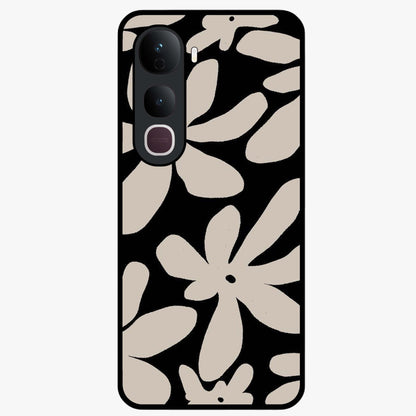 Monochrome Petal Dance Glass Case showing flat back view with monochrome floral artwork and glossy glass finish.