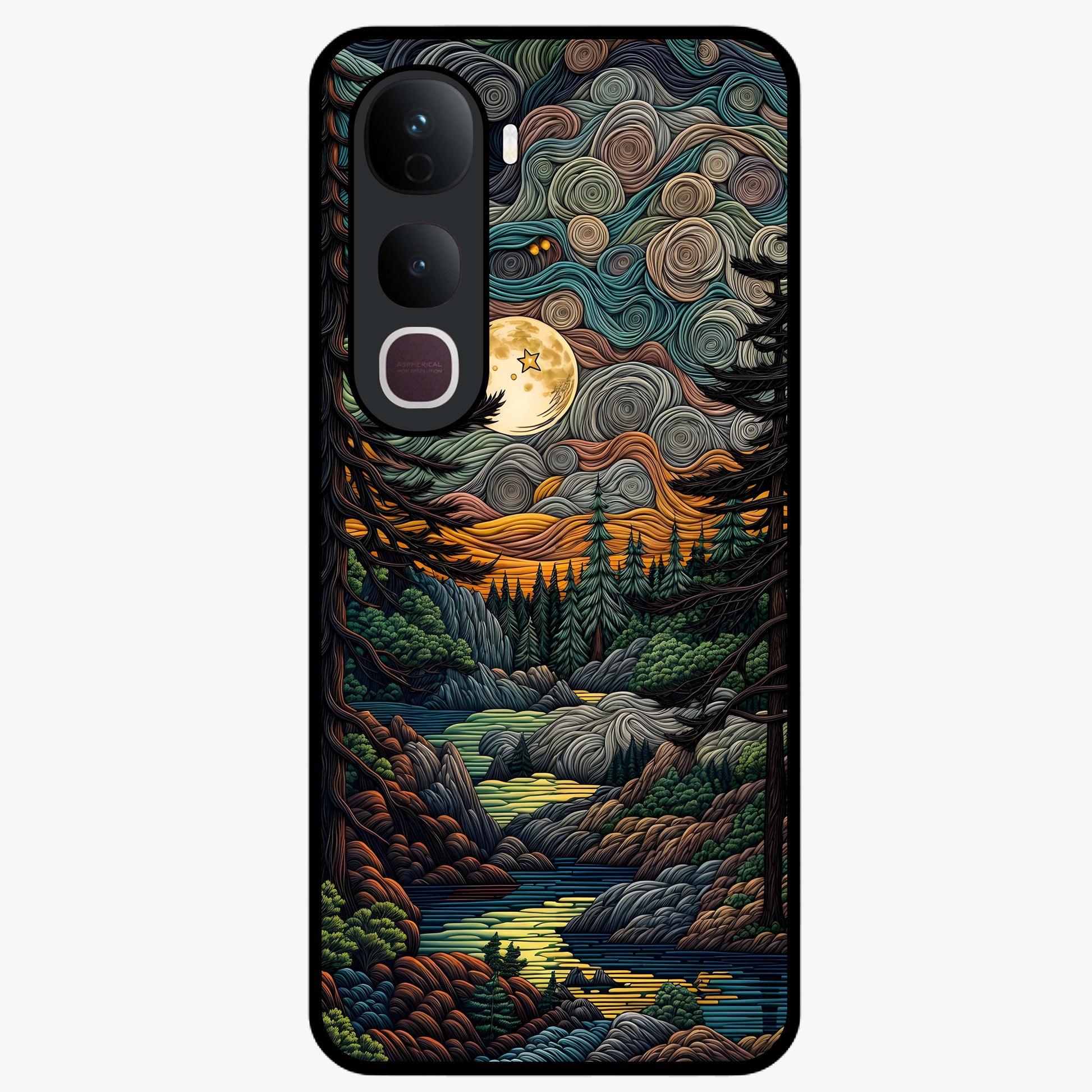 Moonlight Forest Dream Glass Case showing flat back view with mystical forest moonlight artwork and glossy glass finish.