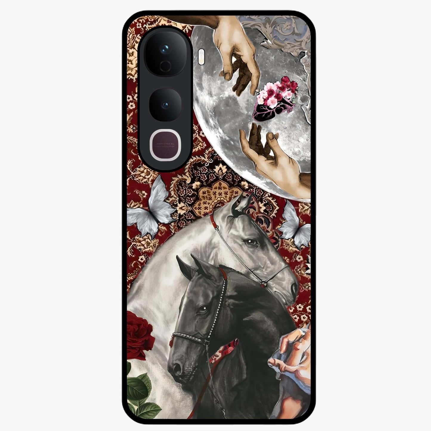 Moonlit Royal Stallion Glass Case showing flat back view with majestic horse under moonlight artwork and glossy glass finish.