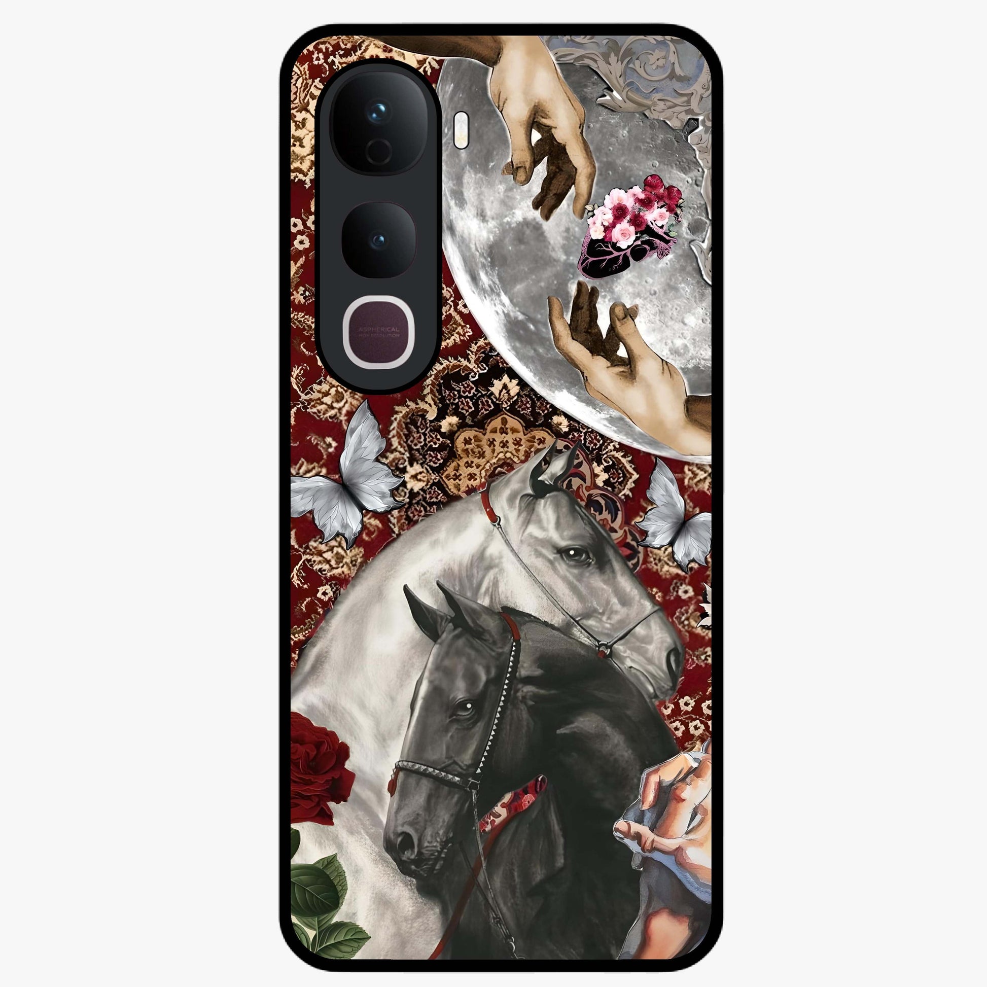 Moonlit Royal Stallion Glass Case showing flat back view with majestic horse under moonlight artwork and glossy glass finish.