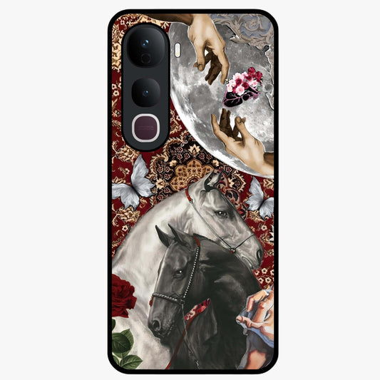 Moonlit Royal Stallion Glass Case showing flat back view with majestic horse under moonlight artwork and glossy glass finish.
