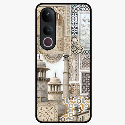 Mughal Marble Legacy Glass Case showing flat back view with intricate Mughal inspired marble pattern and glossy glass finish.