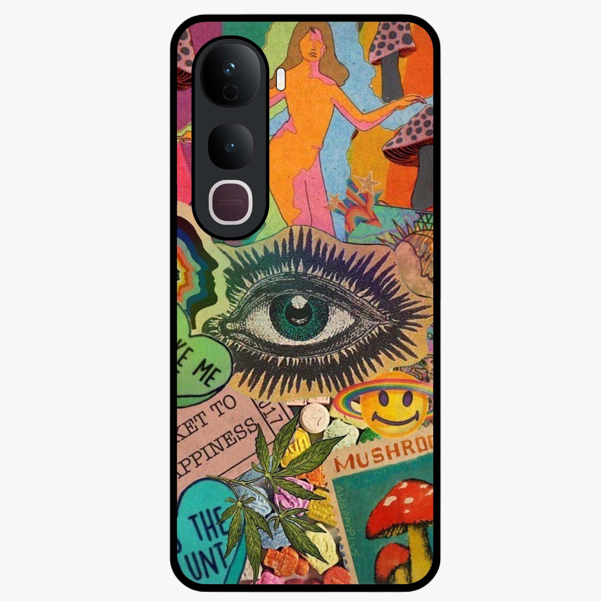 Mystic Eye Wonderland Glass Case showing flat back view with mystical eye themed artwork and glossy glass finish.