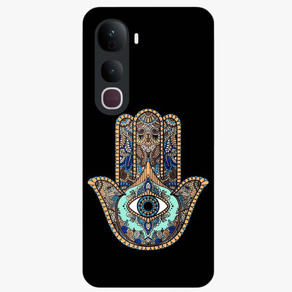 Mystic Hamsa Eye Glass Case showing flat back view with protective hamsa hand and evil eye artwork and glossy glass finish.