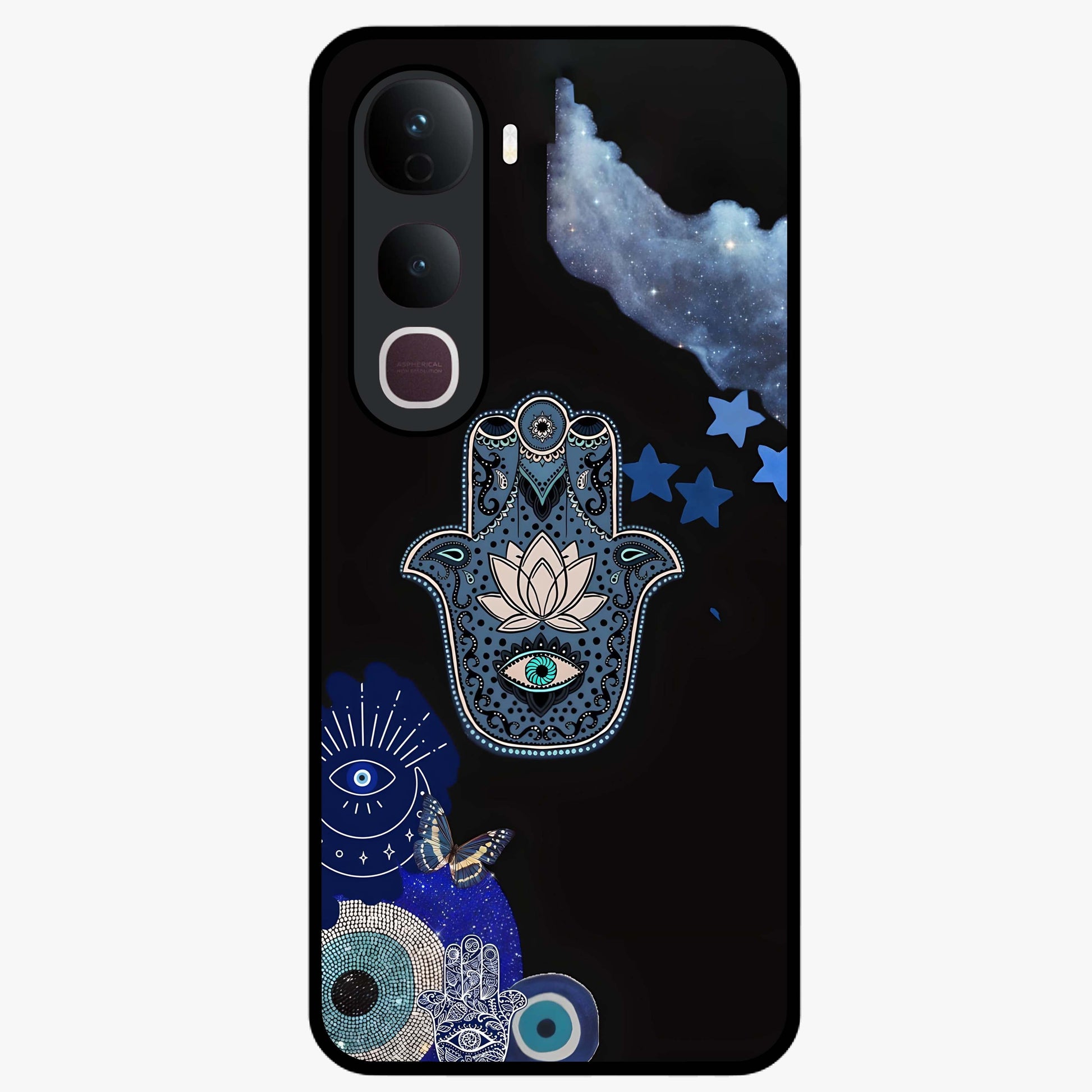 Mystic Hand Aura Glass Case showing flat back view with mystical hand symbol artwork and glossy glass finish.