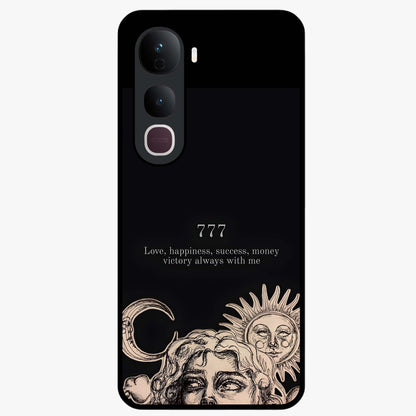 Mystic Victory Aura Glass Case showing flat back view with victory symbol artwork and glossy glass finish.