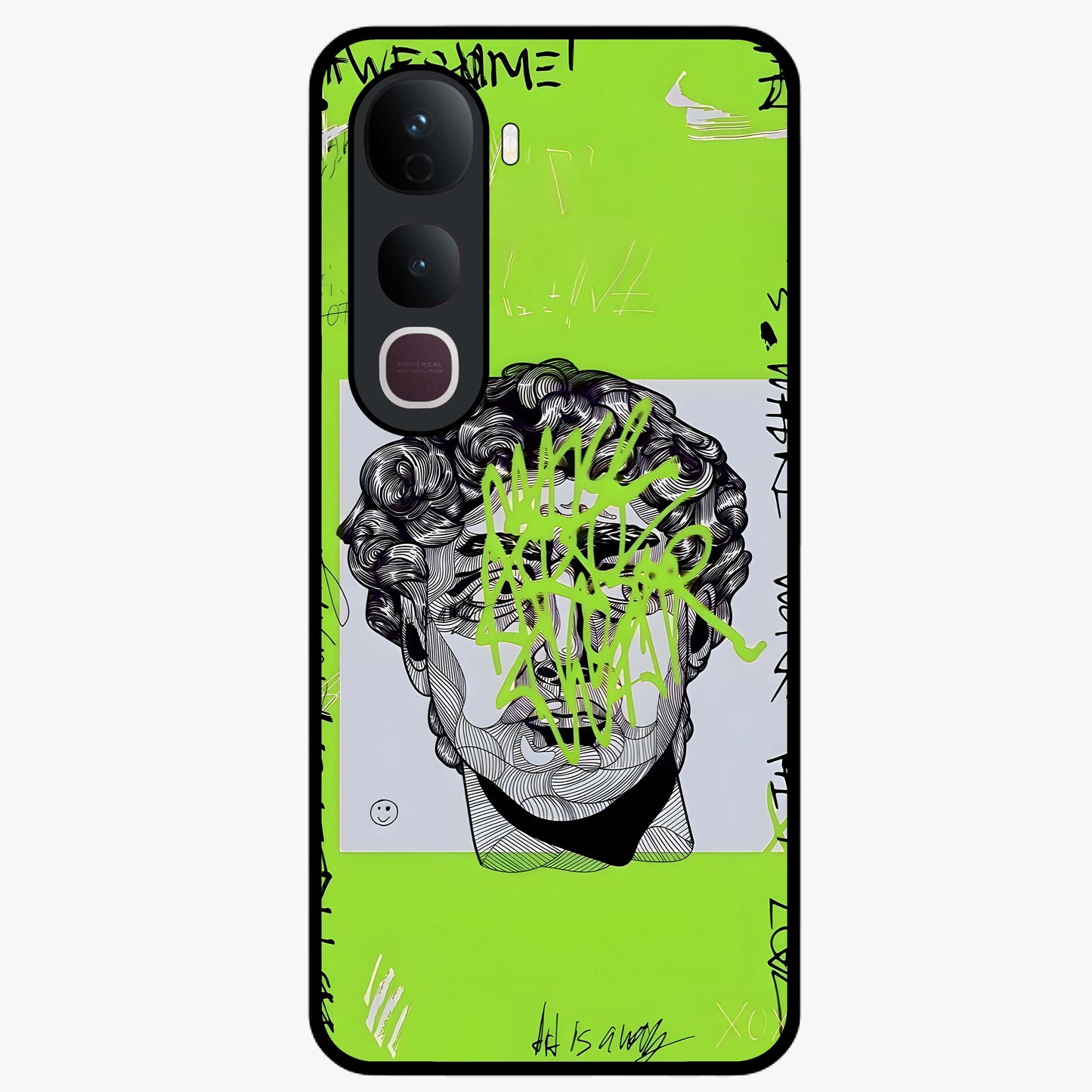 Neo Graffiti Rebellion Glass Case showing flat back view with vibrant graffiti artwork and glossy glass finish.