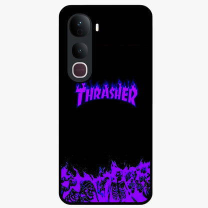 Neon Flame Riot Glass Case showing flat back view with neon flame artwork and glossy glass finish.