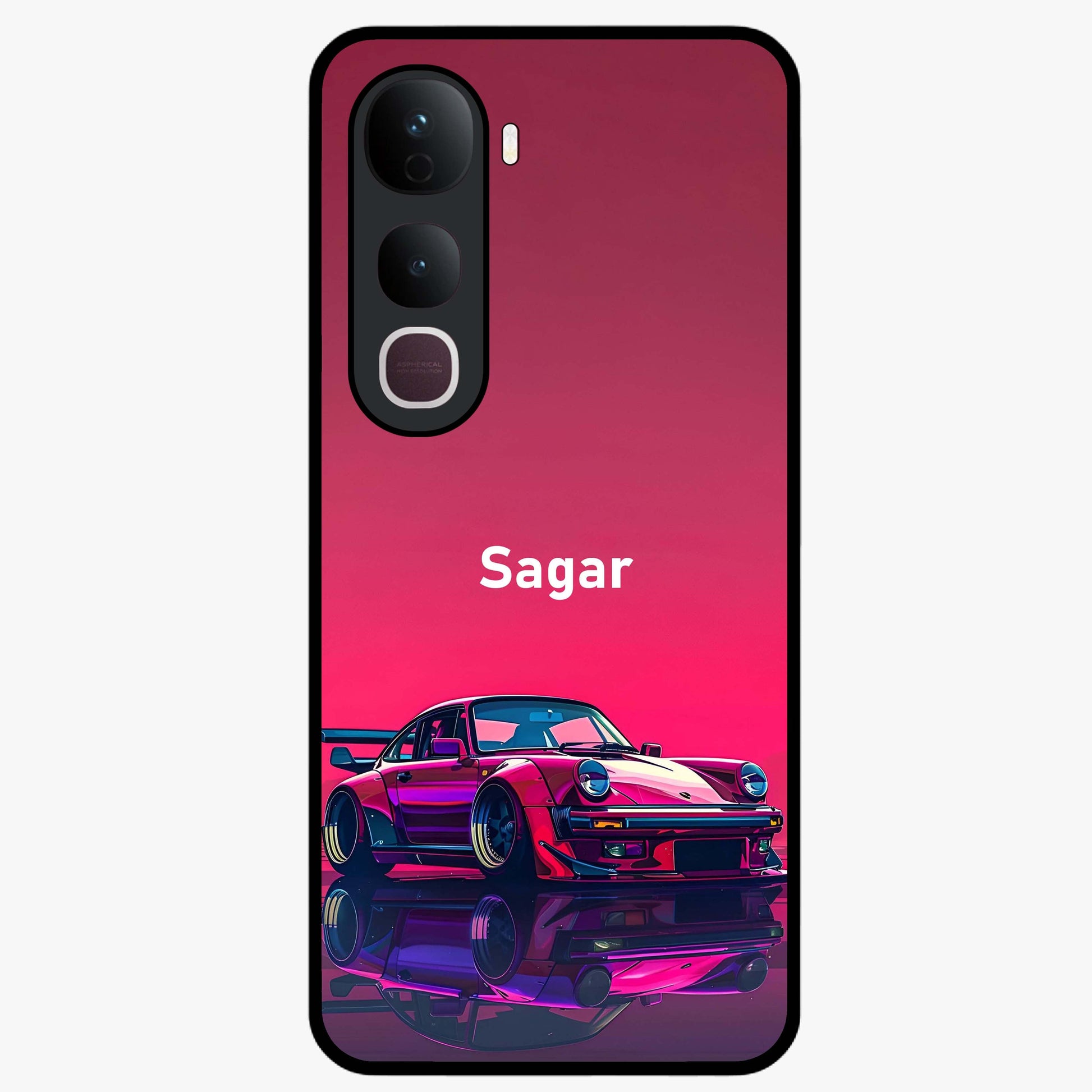 Neon Pink Porsche Glass Case showing flat back view with stylish sports car artwork and glossy glass finish.