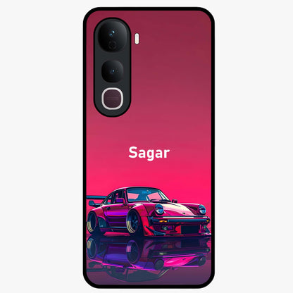 Neon Pink Porsche Glass Case showing flat back view with stylish sports car artwork and glossy glass finish.