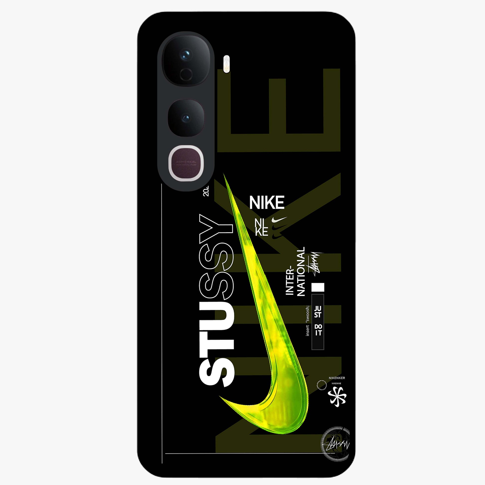 Neon Street Edition Glass Case showing flat back view with neon street style artwork and glossy glass finish.