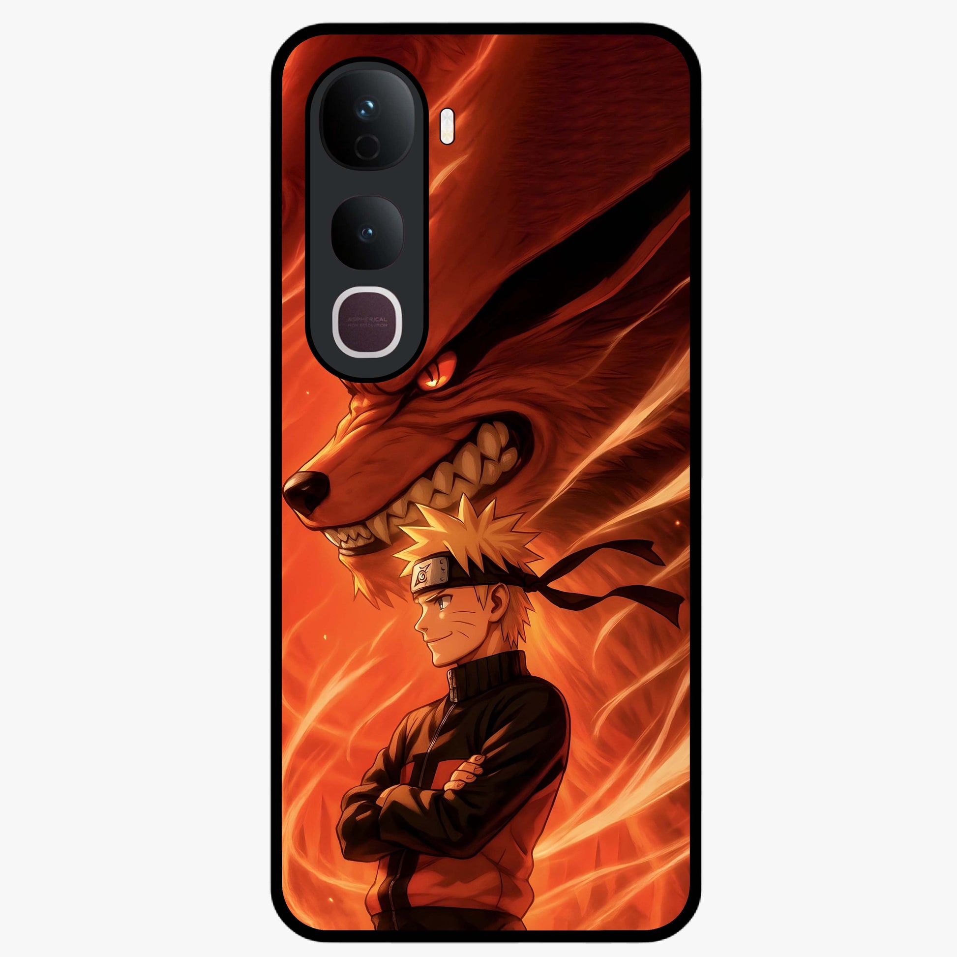 Nine Tails Legacy Glass Case showing flat back view with powerful nine-tailed fox inspired artwork and glossy glass finish.