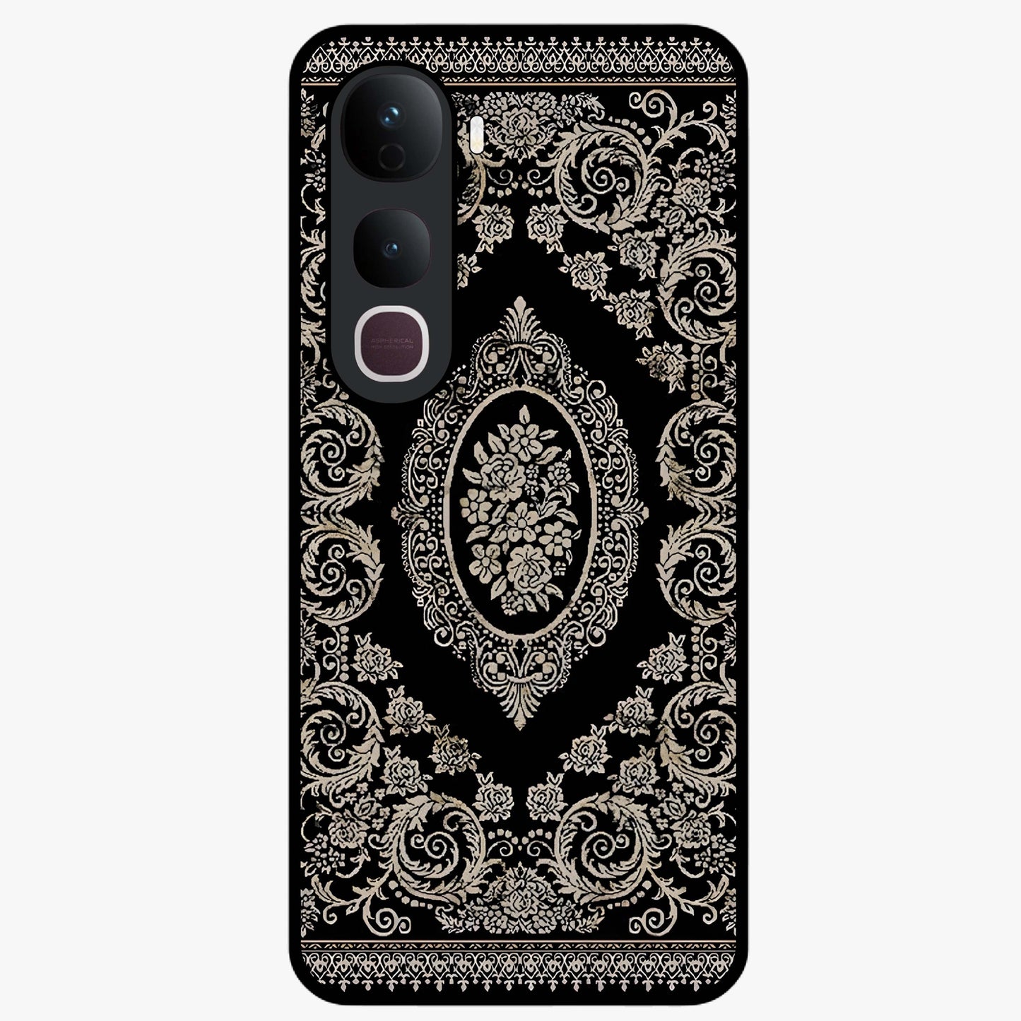 Noir Bloom Elegance Glass Case showing flat back view with elegant dark floral artwork and glossy glass finish.