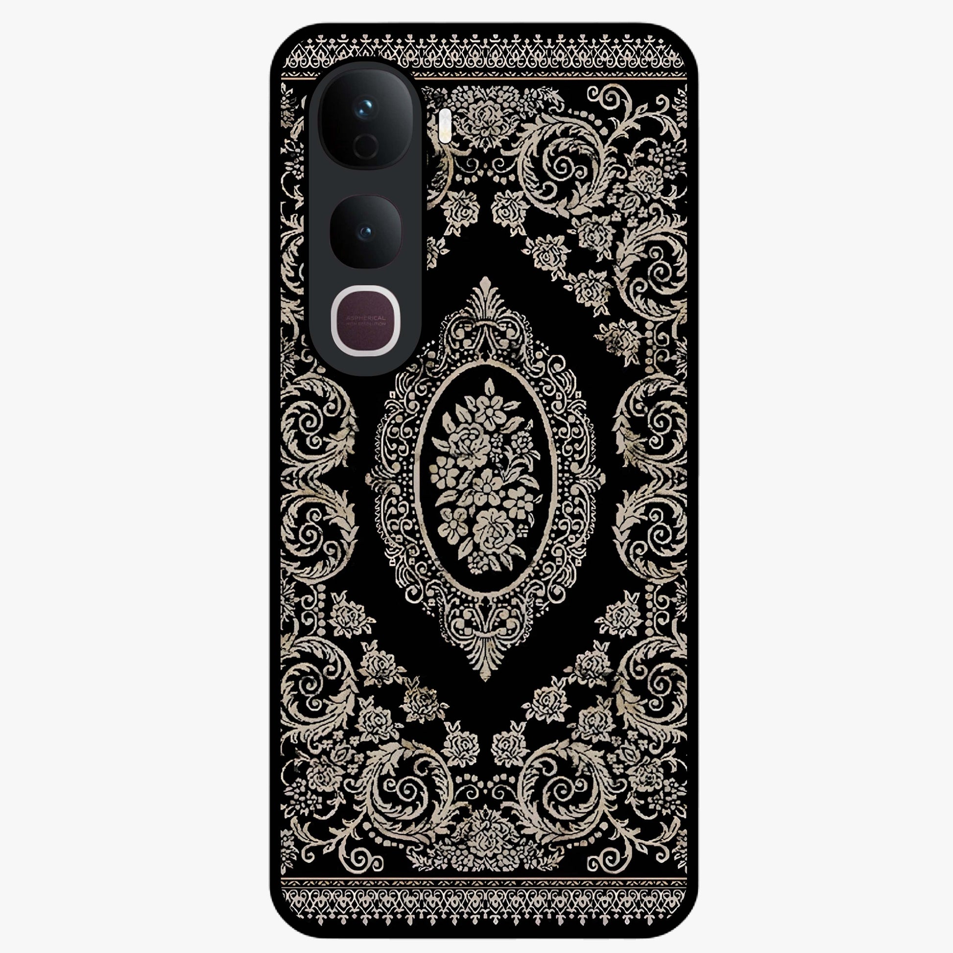 Noir Bloom Elegance Glass Case showing flat back view with elegant dark floral artwork and glossy glass finish.