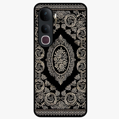 Noir Bloom Elegance Glass Case showing flat back view with elegant dark floral artwork and glossy glass finish.