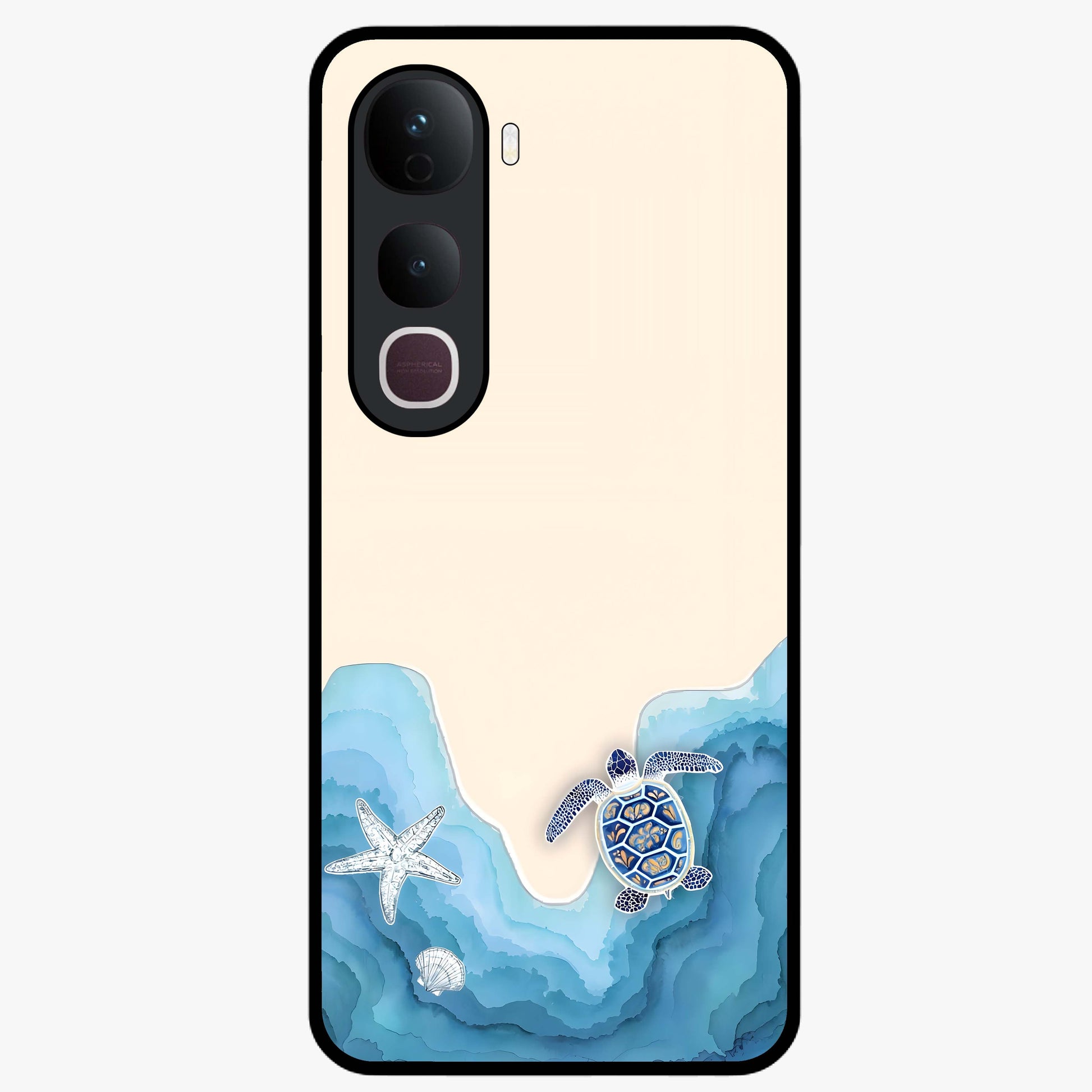 Ocean Drift Turtle Glass Case showing flat back view with sea turtle artwork and glossy glass finish.