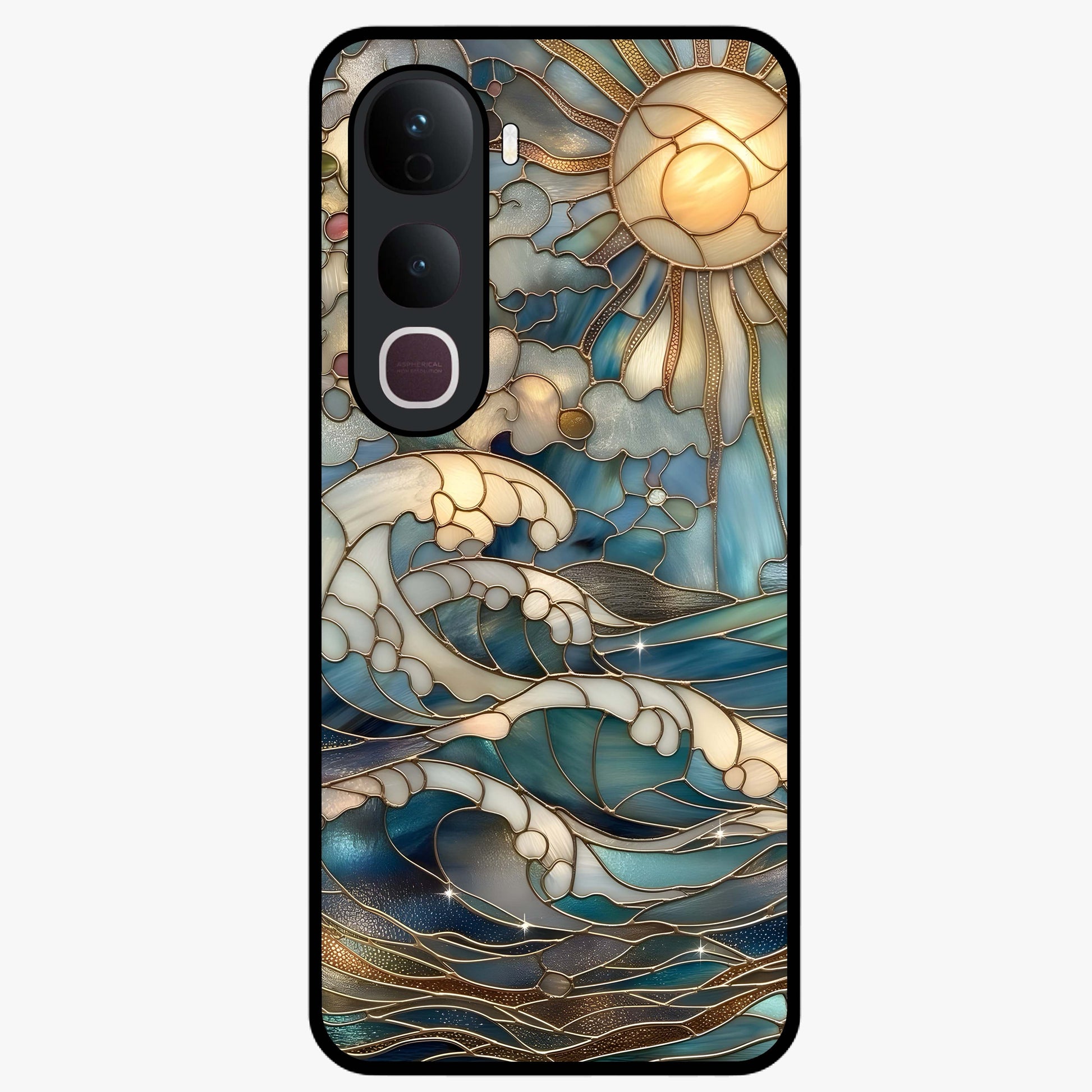 Oceanic Stained Printed Glass Case showing flat back view with ocean inspired stained pattern artwork and glossy glass finish.
