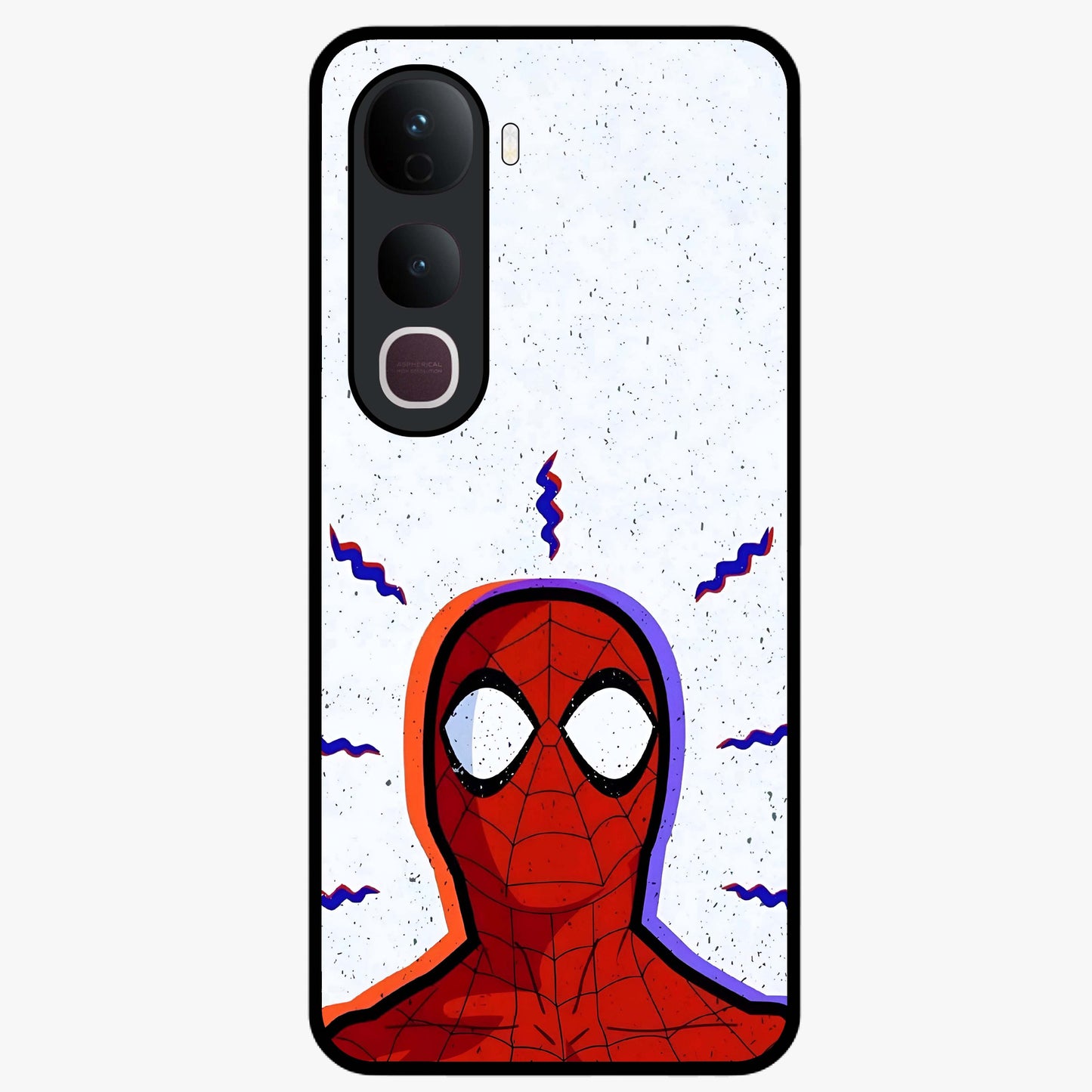 Omg Spiderman Glass Case showing flat back view with bold superhero inspired artwork and glossy glass finish.