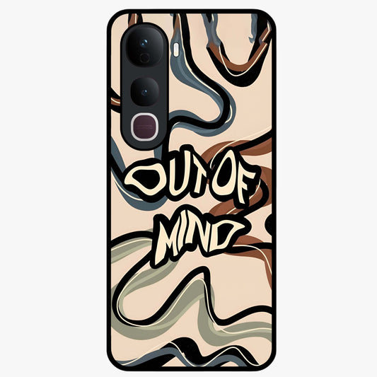 Out Of Mind Glass Case showing flat back view with expressive typography artwork and glossy glass finish.