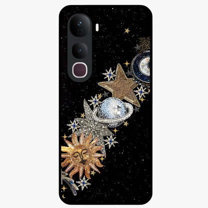 Pearls Universe Object Glass Case showing flat back view with pearl inspired cosmic artwork and glossy glass finish.